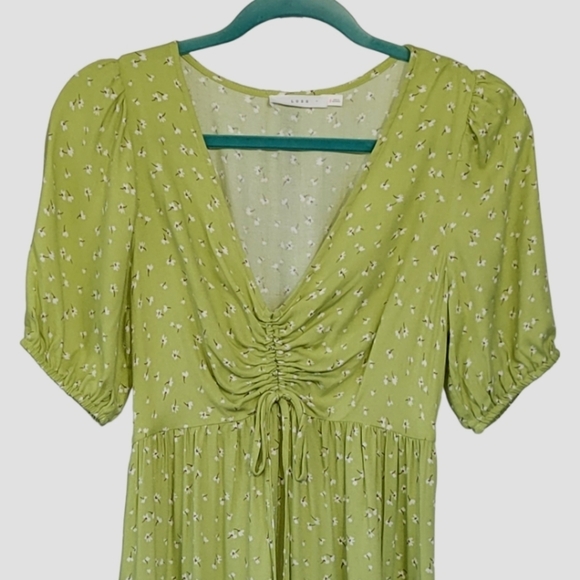 LUSH Sz S Tiered Ruffle Babydoll Mini Dress Ditsy Celery NWOT - Picture 6 of 10